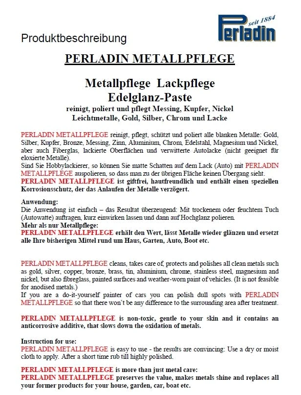 Perladin Premium Metallpflege Metallreiniger Paste EdelGlanz Tube 50ml Edelstahlpflege Reiniger 4 Perladin Premium Metallpflege Metallreiniger Paste EdelGlanz Tube 50ml Edelstahlpflege Reiniger – Bild 2